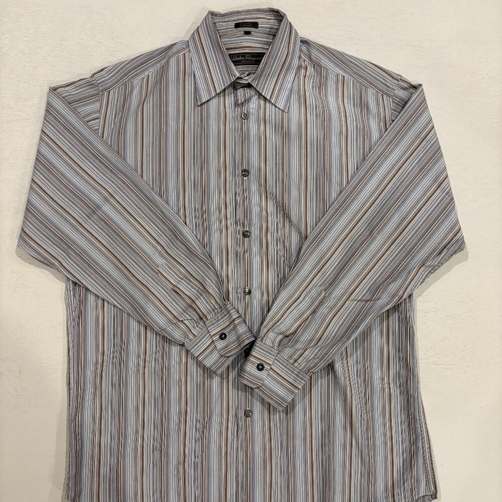 Salavatore Ferragamo Blue/Brown- Striped Button Down Sport Shirt